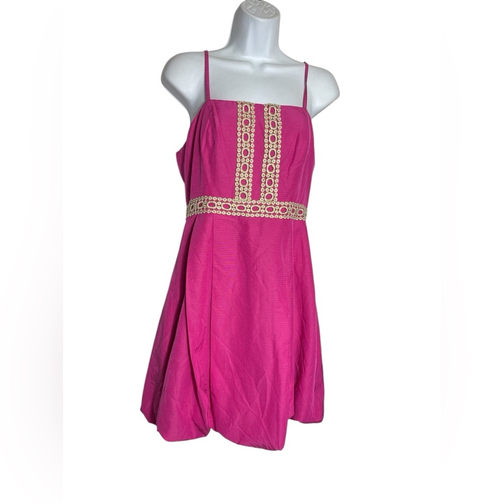 NWT Tommy Hilfiger dress Size 8 Hot Pink Sleeveless Bubble Hem Gold Lace 🩷🩷
